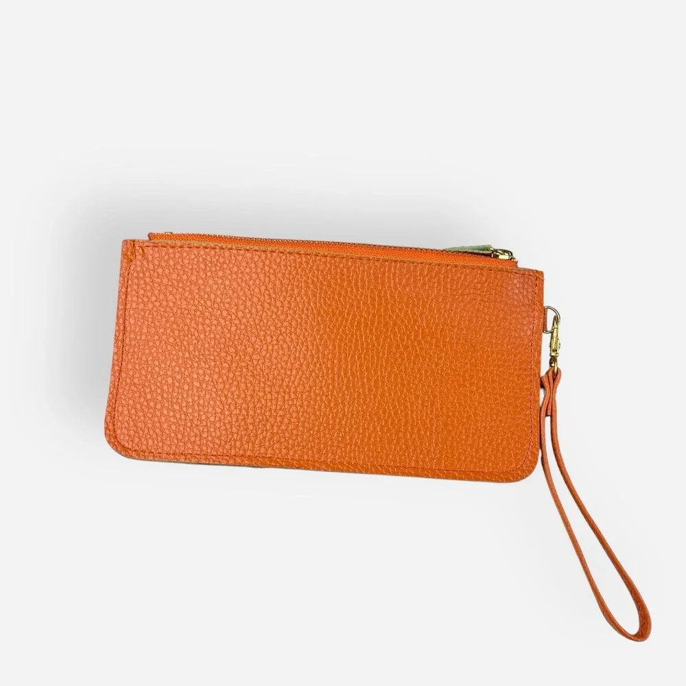 Women's Vegan Leather Wristlet Orange Zip Wallet Cellphone Holder‎ Clutch Bag